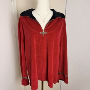 St. John Sport Marie Gray Womens Sweater Size L Red & Black 1/4 Zip Gold Accents